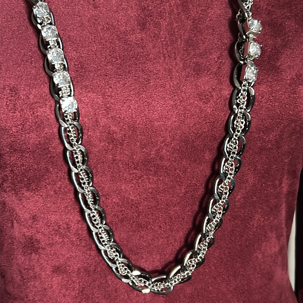 Women’s Chunky Gunmetal Chainlink 36” Long Necklace with Crystal Embellishments